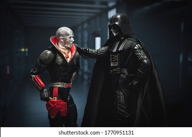 JULY 3 2020: Humor Concept Of Star Wars  Sith Lord Darth Vader Recruiting Cobra Crime Boss Destro From The GI Joe Comic - Hasbro Action Figures