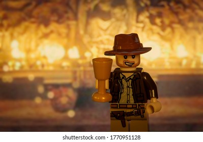 JULY 3 2020:  Lego Style Mini Figure Of Indiana Jones In The Grail Cave From The Movie The Last Crusade 