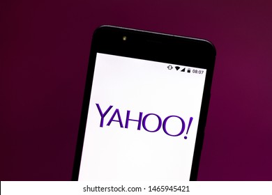 July 30, 2019, Brazil. In this photo illustration the Yahoo! logo is displayed on a smartphone.