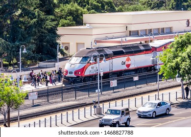 July 30, 2019 Palo Alto / CA / USA - Caltrain, a local railway transportation service, arriving at the Palo Alto station in Silicon Valley