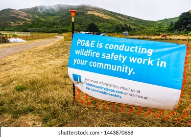 July 4, 2019 Sausalito / CA / USA - PG&E Sign Stating That The Company Is Conducting Wildfire Safety Work 