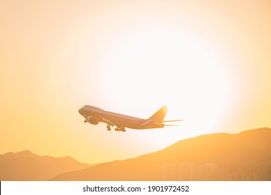 Jumbo Airplane Take Off With Sunrise