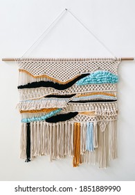 Jumbo Macraweave Wall Hanging. A Crafting Using Macrame And Weaving Technics. Handmade Macrame. Home Decor. Close Up.