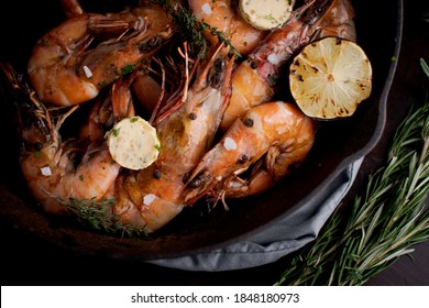 Jumbo Shrimp Grilled In Skillet With Rosemary And Lemon