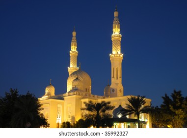 The Jumeirah Mosque Illuminated At Night. Dubai, United Arab Emirates