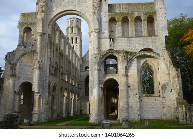 Jumieges Abbey, France, France - OCTOBER 20, 2016.  A skeleton of a gothic cathedral. The remains of the portal and ruined walls
