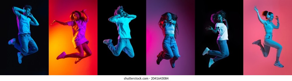 In a jump. Collage of an ethnically diverse young people in motion isolated over multicolored background. Youth culture. Concept of emotions, facial expression, feelings, fashion, beauty. - Shutterstock ID 2041643084