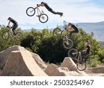 Jump, cycling and person on stunt bike with adventure, adrenaline or speed in competition timelapse. Extreme sport, trick and athlete on bicycle challenge, talent or energy on action course collage