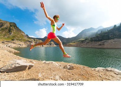 Jump During Skyrunning Girl In Training