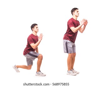 Jump Lunge To Feet Jack. Young Man Doing Sport Exercise.