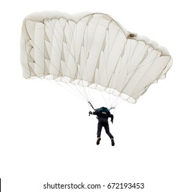 Jump Of Paratrooper With White Parachute, Isolated On A White Background.