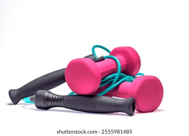 jump rope and dumbbell isolated on white background. Fitness concept	 - Powered by Shutterstock