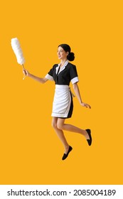 Jumping Chambermaid On Color Background