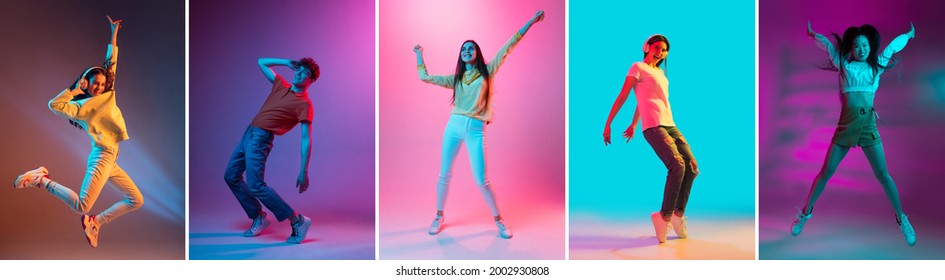 Jumping, dancing. Collage of five young men and women moving cheerfully isolated on colored backgrounds in neon light. Concept of fashion, beauty, youth culture, facial expressions. Concept of ad.