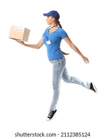 Jumping Female Courier With Parcel On White Background