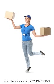 Jumping Female Courier With Parcels On White Background