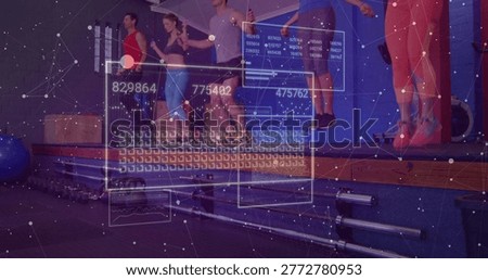 Jumping five exercisers in activewear moving in sync on raised platform in fitness studio, with HUD. Class, group, workout, gym, stage, training, choreography