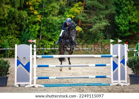 Jumping horse and rider jumping over a moat in M ​​jumping.
