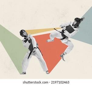 Jumping Kick. Two Young Women, Taekwondo Practitioners Training Together Over Light Background With Geometric Elements. Contemporary Artwork. Concept Of Sport, Education, Skills.