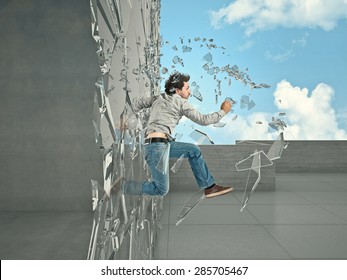 Jumping Man Breaking Glass To Go Outside