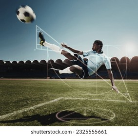 Jumping man, soccer and graph on sports field with glowing, hologram and ai generated effect for kicking action. African athlete, kick and football player with ball, chart and graphic analysis - Powered by Shutterstock