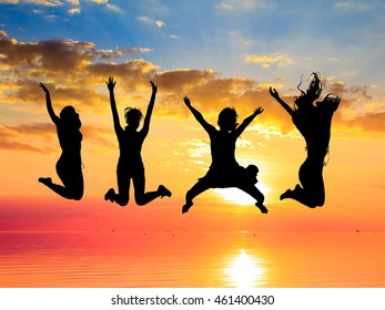 Silhouette Happy Business Teamwork Jumping Congratulation Stock Photo ...