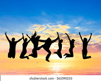 Jumping Over Sunset Friends Silhouettes Stock Photo 361090253 ...