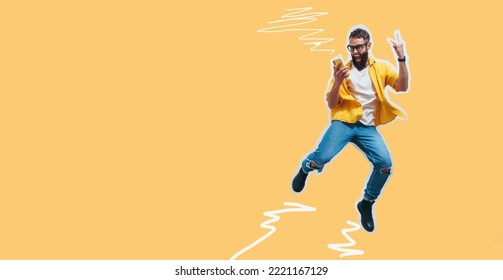 Jumping, Running Man With A Smartphone In Hand, Feels Joy, Celebrates Winning The Lottery Or Sports Bets. Human Face Emotions And Betting Concept. Collage In Magazine Style. Discount, Season Sales