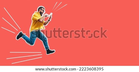 Jumping, running man with a smartphone in hands enjoy online communication, makes online shopping. Flyer with trendy colors. Collage in magazine style. Discount, sale, season sales, copyspace for ad.