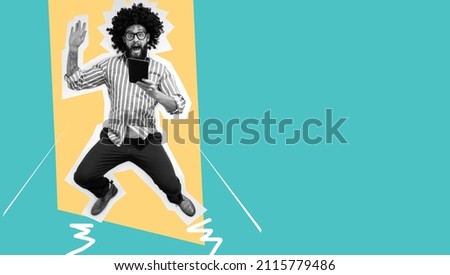 Jumping, running man with tablet. Collage in magazine style. Discount, sale, season sales, copyspace for ad. Colorful summer concept. Crazy hipster guy emotions