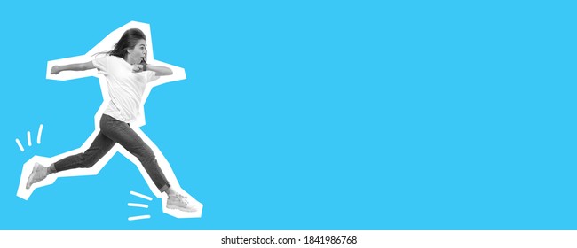 Jumping, running woman looks surprised. Collage in magazine style with bright blue background. Flyer with trendy colors, copyspace for ad. Discount, sales season, fashion and style concept.