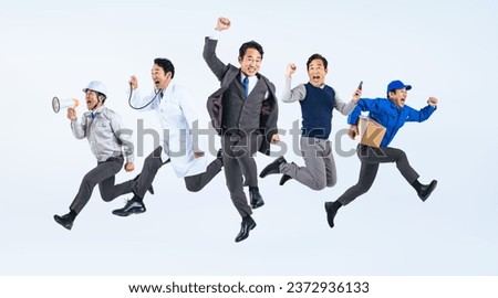 Jumping same Asian middle-aged man dressed up as various professions.