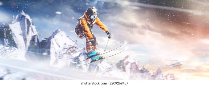 Jumping Skier. Motion Of The Skiing Downhill In The Mountains. Professional Skiing In Action. Heli Skiing. Action. Flying Helicopter