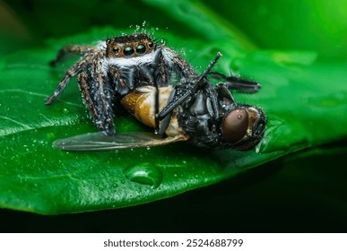 Jumping spider is eating a fly on a bright green leaf covered with water droplets. - Powered by Shutterstock