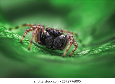 Jumping spider macro close up of on a green leaf - Powered by Shutterstock