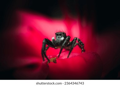 A jumping spider is perched atop a vibrant red flower in a dark, isolated environment - Shutterstock ID 2364346743