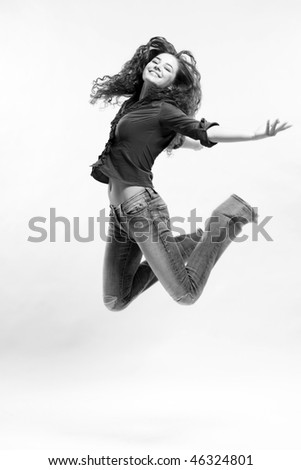 Image, Stock Photo Happy woman jumping in front of stone wall background