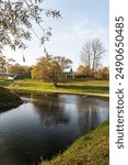 Junction of Lucina and Ostravice rivers in Ostrava city in Czech republic during beautiful autumn day