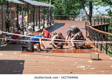 June 1, 2019. Repair Work On The Artists Alley On Andriivskyi Uzviz Street (Andriyivsky Descent) Kiev, Ukraine. Weekend Celebrations.