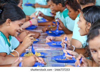 Paragominas/Pará/Brazil - June 10, 2018: Children Eating School Lunch In Amazon