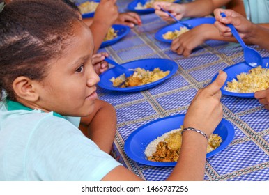 Paragominas/Pará/Brazil - June 10, 2018: Children Eating School Lunch In Amazon