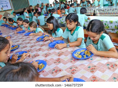 Paragominas/Pará/Brazil - June 10, 2018: Children Eating School Lunch In Amazon