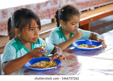 Paragominas/Pará/Brazil - June 10, 2018: Children Eating School Lunch In Amazon