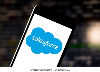 June 10, 2019, Brazil. In this photo illustration the Salesforce logo is displayed on a smartphone.
