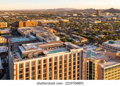 June 10 2022. Tucson, Arizona, USA. The Graduate Hotel With Rooftop Swimming Pool. People Partying At Sunset. 