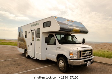 JUNE 12, 2018: Cruise America Camper/ RV Park In Badlands National Park, South Dakota