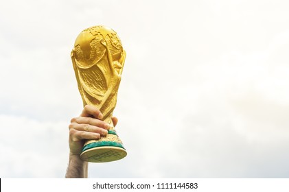 June 12, 2018 Moscow, Russia A man holding a trophy of the FIFA World Cup.