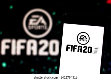 June 12, 2019, Brazil. In this photo illustration the FIFA 20 logo is displayed on a smartphone.