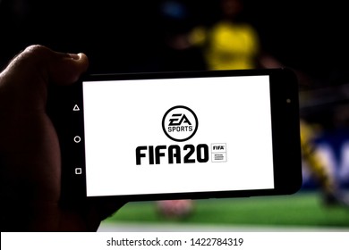 June 12, 2019, Brazil. In this photo illustration the FIFA 20 logo is displayed on a smartphone.