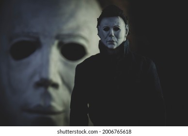 JUNE 12 2021:  Halloween slasher Michael Myers - Trick or Treat Studios action figure with mask in background